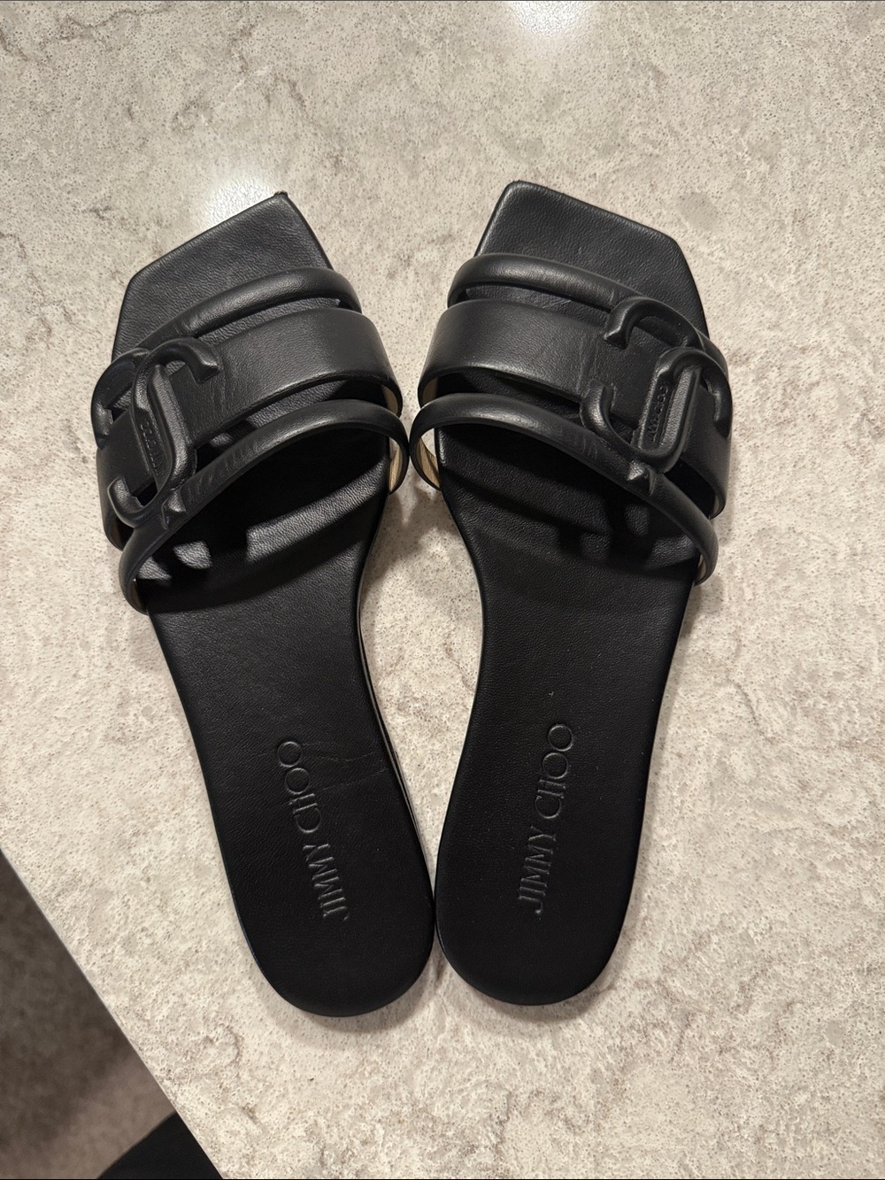 Jimmy Choo Black Leather Double-Strap Slide Sandals